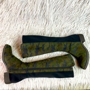 MIA Camila knee high zip up boots, green camo, women’s size 7.
